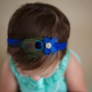 Boutique Real Peacock Feather Blue Baby Headband